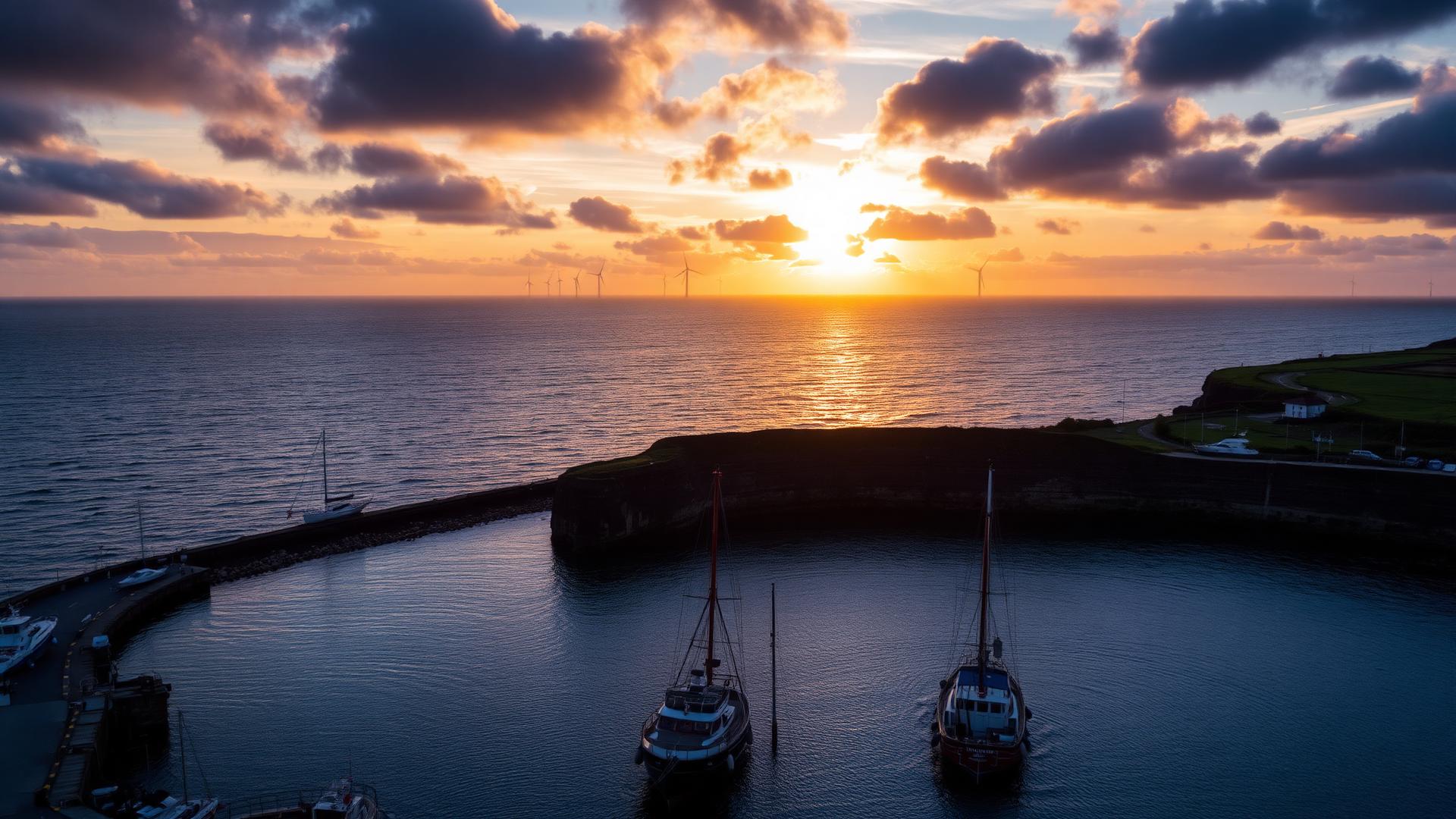 North Yorkshire coastline at sunset with offshore wind turbines on the horizon